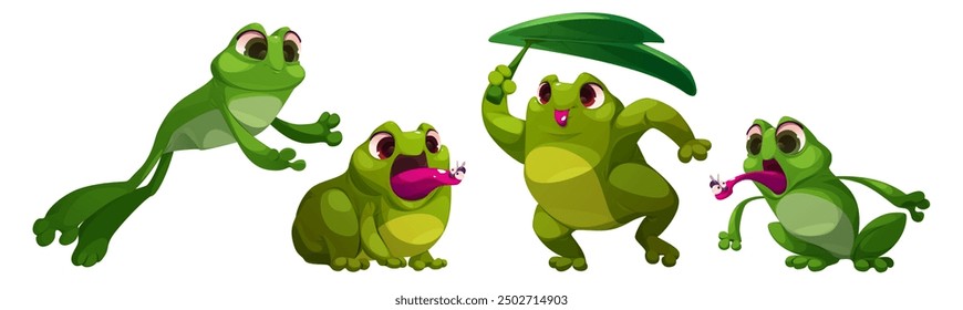 Cute frog characters set isolated on white background. Vector cartoon, illustration of funny green toad mascots jumping, catching insect with tongue, hiding under leaf, sitting in swamp, comic animal