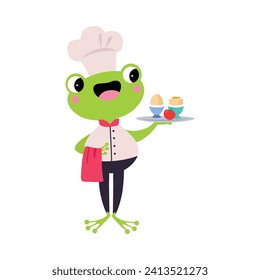 Cute Frog Chef Character in Toque Serve Eggs on Tray Vector Illustration