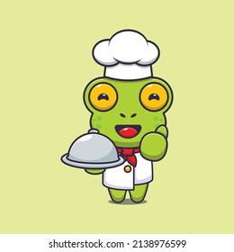 cute frog chef mascot cartoon character with dish