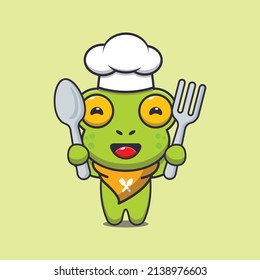 cute frog chef mascot cartoon character holding spoon and fork 