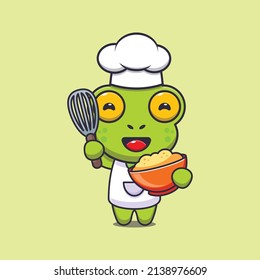 cute frog chef mascot cartoon character with cake dough