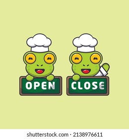 cute frog chef mascot cartoon character with open and close board