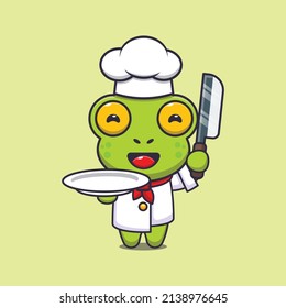 personaje de caricatura de mascota de un chef de rana lindo con cuchillo y plato