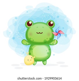 Cute frog mit Küken, die Windmühlen spielen Cartoon-Illustration Premium Vector