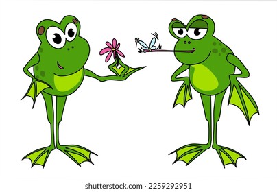 Cute frog childish character. 
The frog is holding a flower. the frog caught the fly with its tongue. Humor card, t-shirt composition, hand drawn style print. 