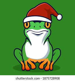 Cute frog Christmas Santa Claus doodle illustration vector icon.