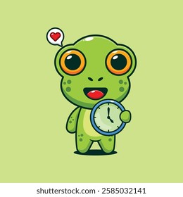 Cute frog with clock cartoon vector illustration. vector cartoon illustration suitable for poster, brochure, web, mascot, sticker, logo and icon.