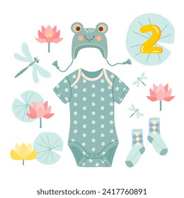 Cute frog clothes for baby. Green polka dot short sleeve bodysuit, frog face hat, socks, water lilies, dragonflies. Vector illustration of accessories for newborn for design of photo album.
