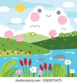 Cute frog cloud on sun sunshine sky background.Garden mountain flower grass river tree.Reptile animal character cartoon design.Kawaii.Vector.Illustration.