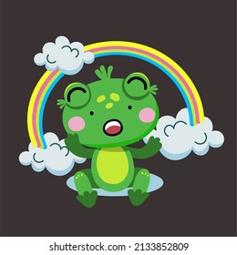 Cute Frog in the clouds under the rainbow yawns. A sleeping frog. Isolated vector illustration in a flat 