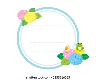 Cute frog and cochlea. Hydrangea . Vector illustration. Message card