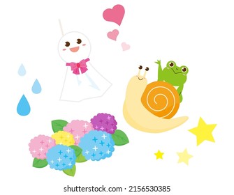 Cute frog and cochlea. Hydrangea . Vector illustration. Message card