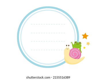 Cute frog and cochlea. Vector illustration. Message card