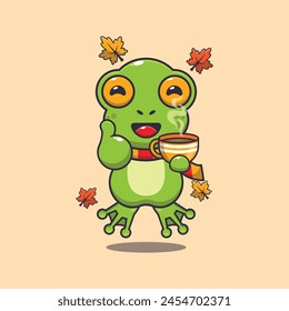 Cute frog with coffee in autumn season. Mascot cartoon vector illustration suitable for poster, brochure, web, mascot, sticker, logo and icon.