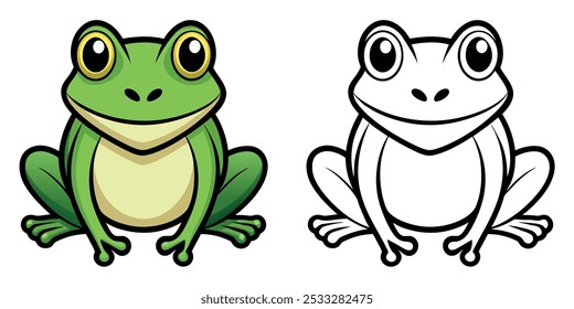 Cute Frog Coloring Book For Kids. Frog Sitting Coloring Pages Printable Vector Illustration Design