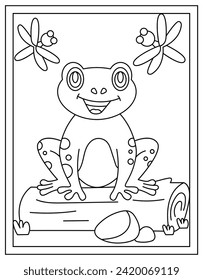 Cute frog coloring page designed in hand drawn vector 