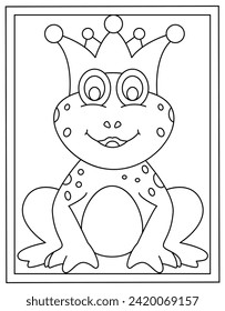 Cute frog coloring page designed in hand drawn vector 
