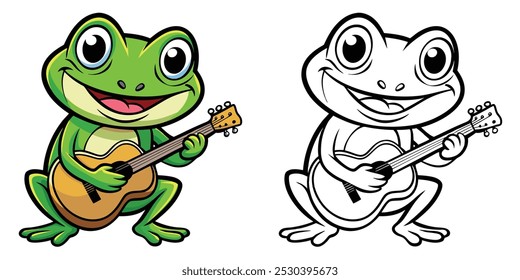 Cute Frog Coloring Page For Kids. Frog Coloring Printable. Cute Frog Plays Guitar Cartoon Illustration Vector Design On White Background