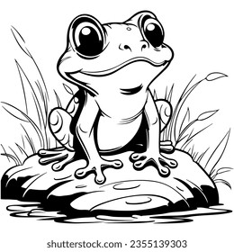 Cute Frog Coloring Pages for kids. Coloring book river fauna, vector illustration.