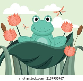 Cute frog concept. Charming character for children, animal sits on water lily in swamp. Flora and fauna, nature and world around. Poster or banner for website. Cartoon flat vector illustration