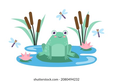 Cute frog concept. Poster with wild amphibian animal sitting on lotus leaf surrounded by flies and reed. Dsign element for postcards and printing on children clothing. Cartoon flat vector illustration