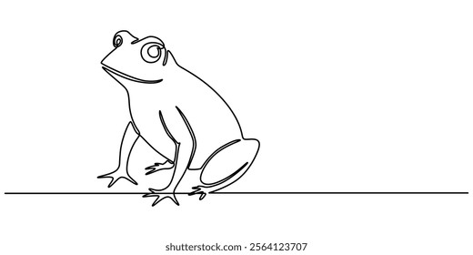 Cute Frog Continuous Line Drawing, One continuous line drawing of funny frog for kids toy logo identity. Reptile animal icon concept. Trendy single line draw graphic design vector illustration, pro.