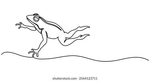 Cute Frog Continuous Line Drawing, One continuous line drawing of funny frog for kids toy logo identity. Reptile animal icon concept. Trendy single line draw graphic design vector illustration, pro.