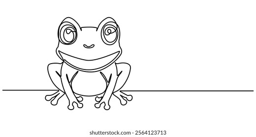 Cute Frog Continuous Line Drawing, One continuous line drawing of funny frog for kids toy logo identity. Reptile animal icon concept. Trendy single line draw graphic design vector illustration, pro.