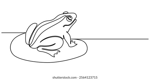 Cute Frog Continuous Line Drawing, One continuous line drawing of funny frog for kids toy logo identity. Reptile animal icon concept. Trendy single line draw graphic design vector illustration, pro.