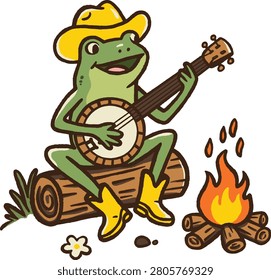 Cute Frog Cowboy Playing Banjo by Campfire Cartoon Illustration