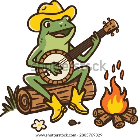 Cute Frog Cowboy Playing Banjo by Campfire Cartoon Illustration