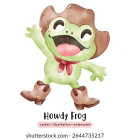 Cute frog cowboy western Howdy Frog in watercolor vector illustration