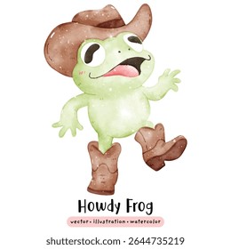 Cute frog cowboy western Howdy Frog in watercolor vector illustration