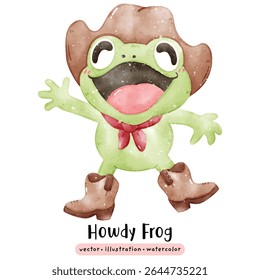 Cute frog cowboy western Howdy Frog in watercolor vector illustration