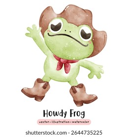Cute frog cowboy western Howdy Frog in watercolor vector illustration