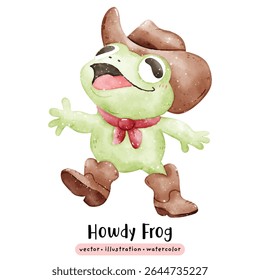 Cute frog cowboy western Howdy Frog in watercolor vector illustration