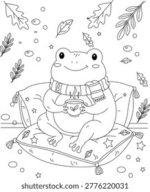 Cute frog in cozy scarf with falling leaves — autumn coloring page illustration
