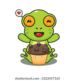 cute frog with cup cake cartoon vector illustration.