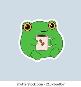 Rana dulce con una taza de café en forma de pegatina sobre un fondo azul. Ilustración vectorial de niños de otoño