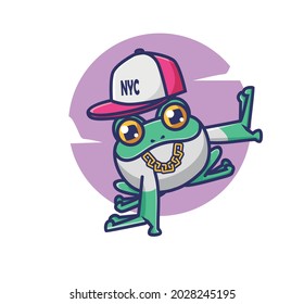 cute frog dancer hiphop hat golden necklace. cartoon animal hobby concept Isolated illustration. Flat Style suitable for Sticker Icon Design Premium Logo vector. Mascot character