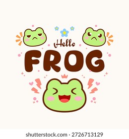 Cute frog design with happy, indifferent and angry expressions with lots of ornaments in the form of flowers, crowns, lightning and hearts in cute pastel colors. Vector design illustrations are suitable for t-shirt designs, printing, animal themes and others