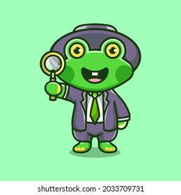 cute frog detective carrying a magnifying glass