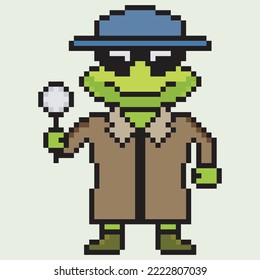 Cute frog detective character pixel art carrying a magnifying glass.