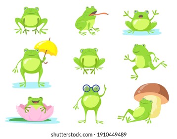 Cute frog in different poses flat character set  Cartoon funny green toad jumping  sitting  relaxing in pond  eating fly isolated vector illustration collection  Animals   amphibians concept