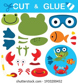 Cute frog diving with fish and crab. Education paper game for children. Cutout and gluing. Vector cartoon illustration
