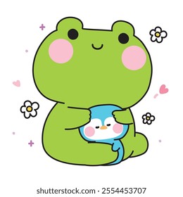 Cute frog doll hug tiny penguin with flower.Reptile and polar bird animal character cartoon design.Image for sticker,baby clothing,stationary.Kawaii.Vector.Illustration.