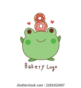 cute frog with donut on head. bakery logo cartoon.