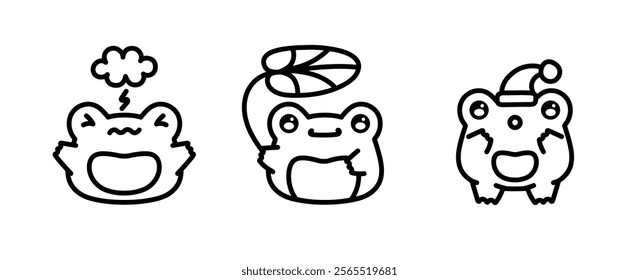 Cute frog doodle set. Linear frog stickers emoticons with different emotions. Kawaii frog children stickers. Frog with water lily. Vector illustration