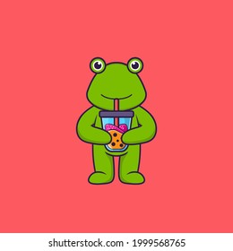 Cute frog Drinking Boba milk tea. Animal cartoon concept isolated. Can used for t-shirt, greeting card, invitation card or mascot.