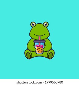 Cute frog Drinking Boba milk tea. Animal cartoon concept isolated. Can used for t-shirt, greeting card, invitation card or mascot.